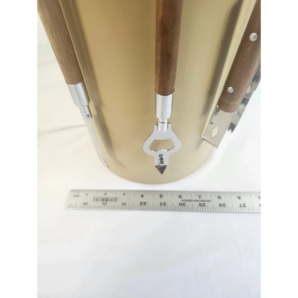 Vintage Mid Century Modern Ice Bucket Tan Vinyl Wood Handle Bar Tools Set MCM